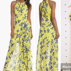 Eliza J Sleeveless Halter Neck Ruffle Slit Floral Print Maxi Dress size 2